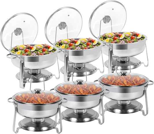 6 Packs Round Chafing Dish Buffet Set, 4 QT Stainless Steel Chafing Dishes with Glass Lid & Lid Holder, Catering Food Warmers for Parties Buffet Weddings Events