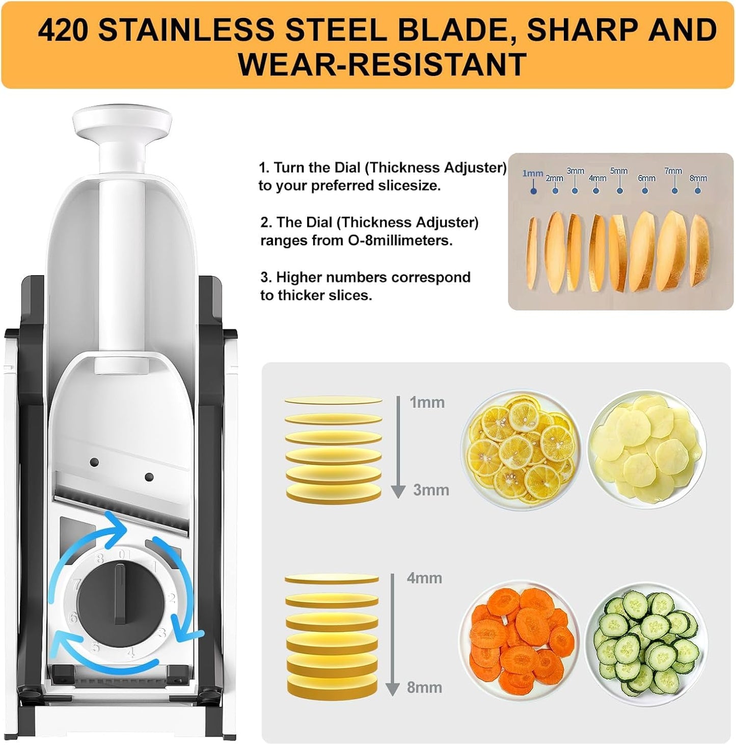 Safe Mandoline Slicer for Kitchen, Vegetable & Food Cutter, Thickness Adjustable 0.1-8 mm. Easy to Clean, Storage, Kitchen Faster Slice Artifact (Only Slice) (Gray)