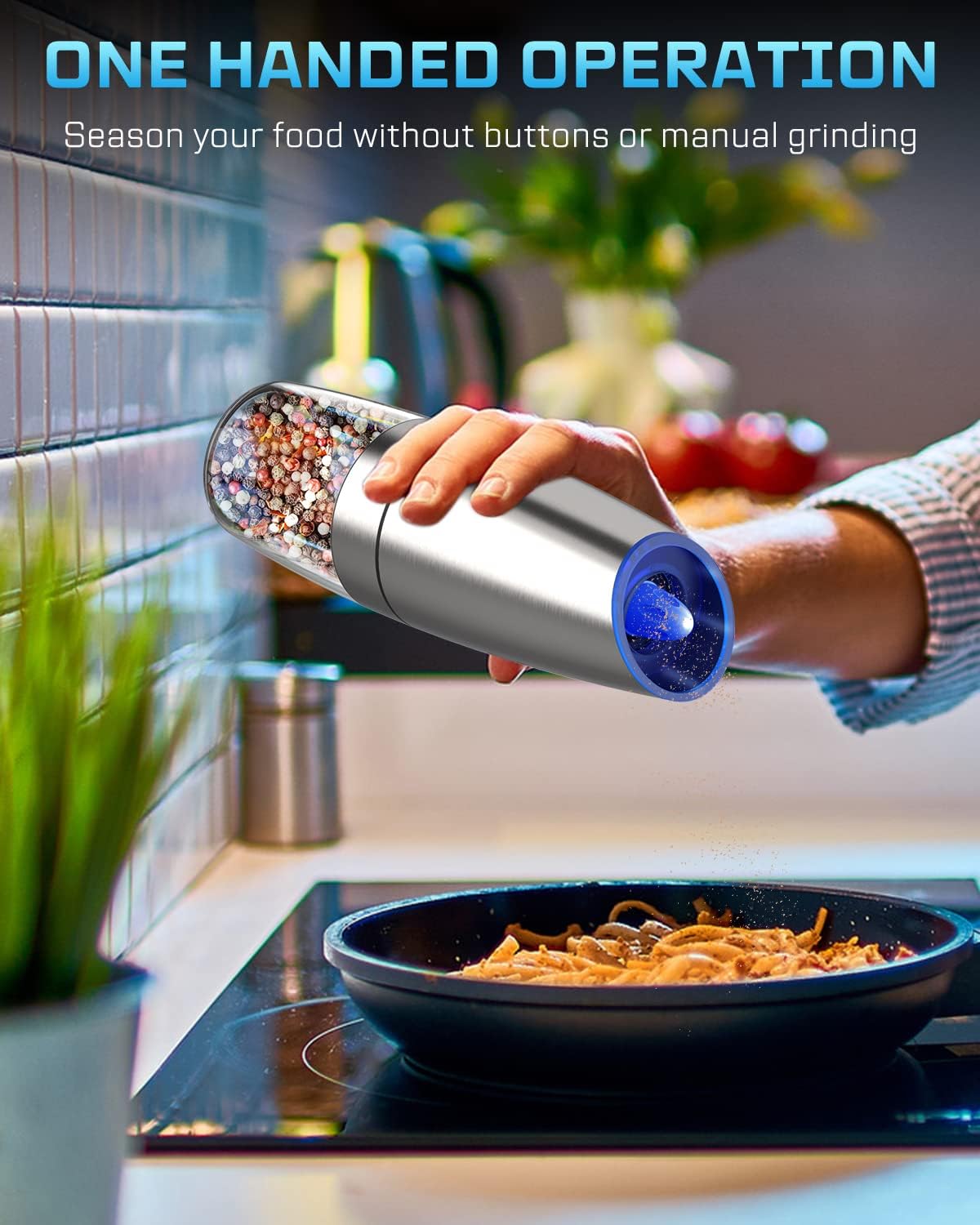 Gravity Electric Salt and Pepper Grinder Set, Automatic Mill Grinder,Battery-Operated with Adjustable Coarseness, Premium Stainless Steel with LED Light, One Hand Operated