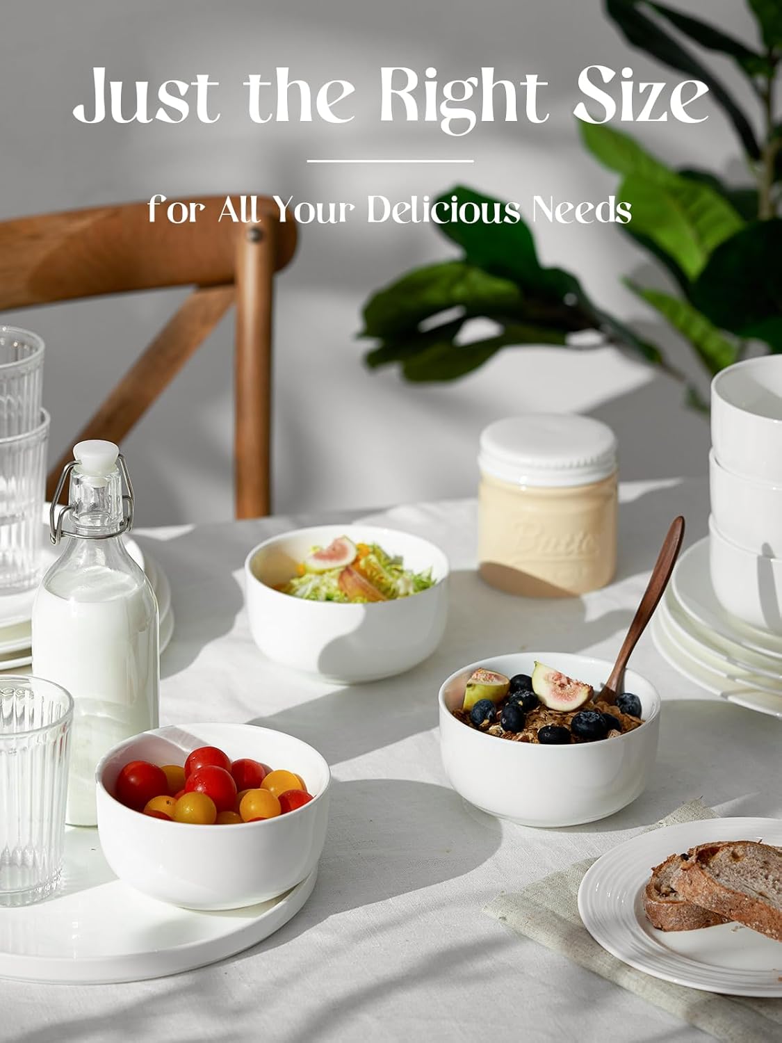 DOWAN 22 OZ Ceramic Cereal Bowls - 5.25" White Soup Bowls Set of 6 for Kitchen, Bouillon Cups for Cereal, Soup, Oatmeal, Rice, Dishwasher & Microwave Safe