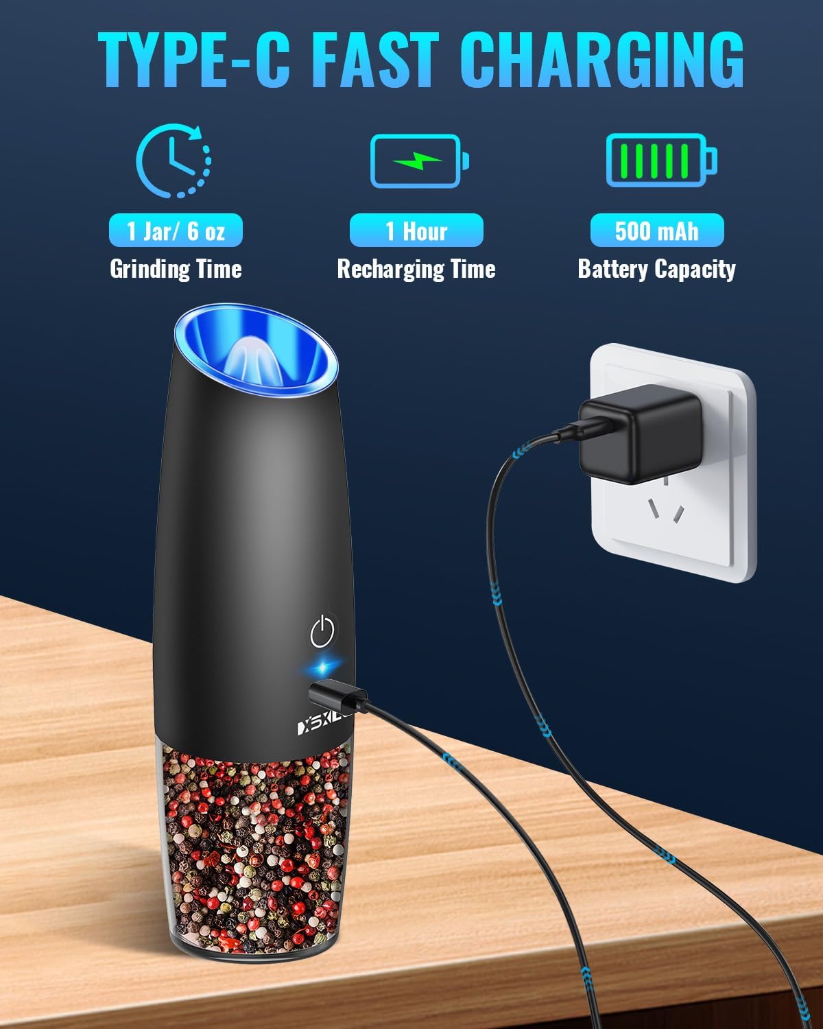 Rechargeable Electric Pepper and Salt Grinder Set, No Battery Needed, whit Gravity Sensing Switch and LED Light, One Hand Automatic Operation, Black 2 Pack