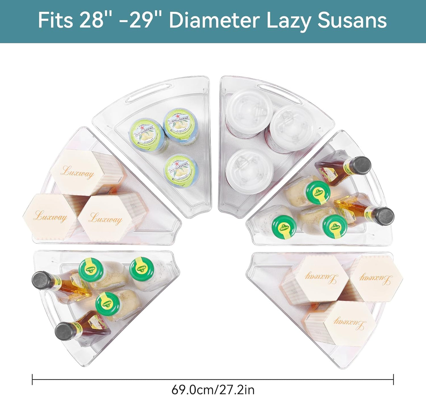 Oubonun Lazy Susan Organizers Set of 6, 11.6’’ x 10.2’’ x 4.1’' Plastic Transparent Kitchen Cabinet Storage Bins with Handle, 4.1" Deep Container, 1/8 Wedge - Food Safe, without BPA