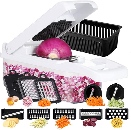 Ourokhome Vegetable Chopper Onion Cutter, 14 in 1 Professional Mandoline Slicer for Kitchen, Multifunctional Food Chopper for Potato, Tomato, Veggie with Strainer Basket, 10 Blades, Black