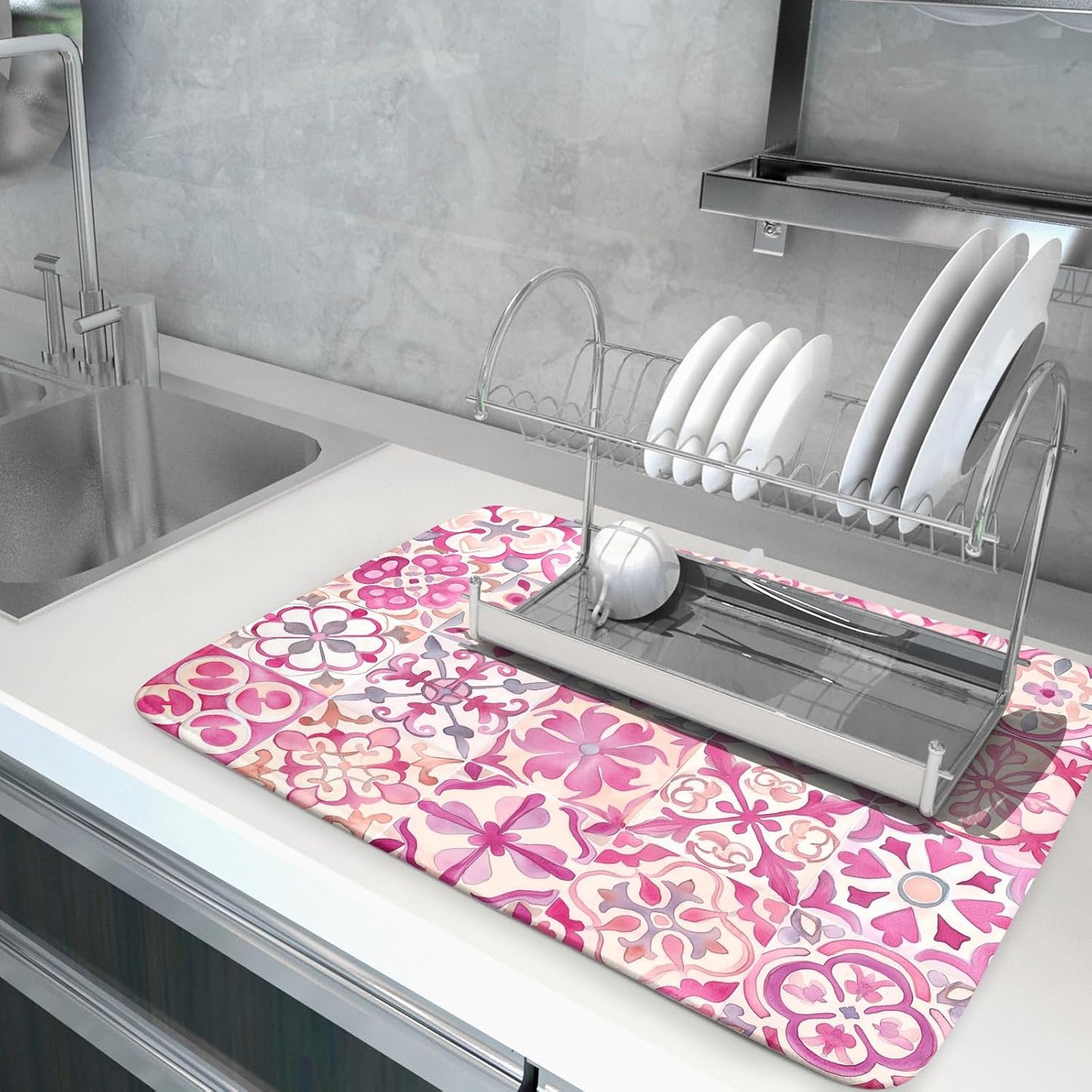 Pink Mexican Tiles Dish Drying Mat Absorbent Microfiber Dish Drying Pad for Kitchen Multi-use Large