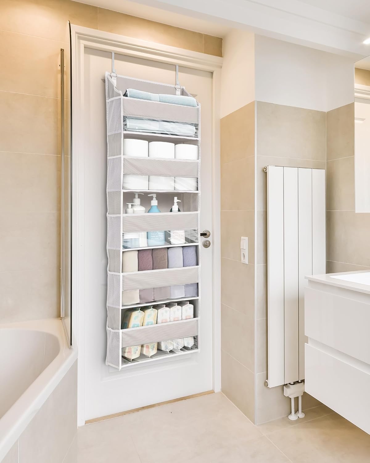 ULG 1-Pack Over Door Organizer with 5 Large Pockets 10 Mesh Side Pockets, 44 lbs Weight Capacity Hanging Storage Organizer with Clear Window for Bedroom Bathroom Kitchen, RV, Camper, Beige