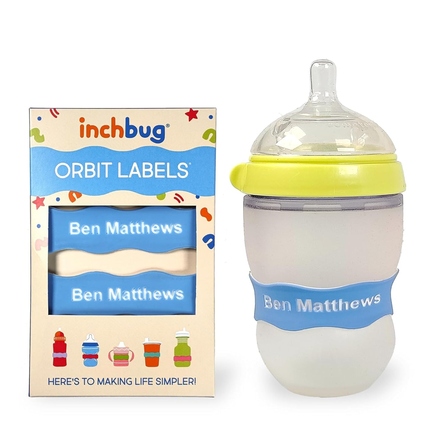 InchBug Orbit Labels - Baby Bottle Name Labels for Daycare, Sippy Cup Bands - Engraved Silicone, Reusable, Dishwasher Safe, White Contrasting Personalization, 4-Pack (Lullaby Blue)