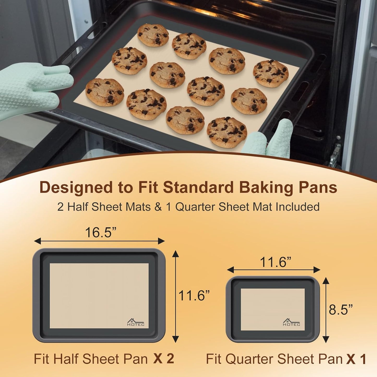HOTEC Silicone Baking Mats 3 Pack – Non-Stick Reusable Silicone Baking Sheets for Oven – Cookie & Macaron Mats – 2 Half Sheet + 1 Quarter Sheet – BPA-Free, Dishwasher Safe