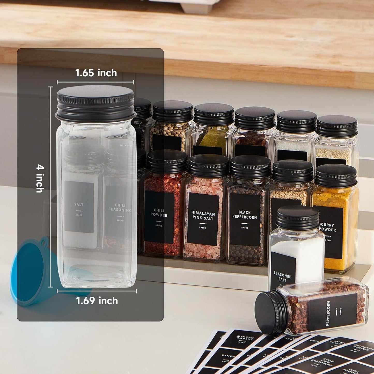 36 Pcs Spice Jars with Label- Glass Spice Jars with Black Metal Caps,Shaker Lids, Funnel, Chalk Pen, Brush,Cleaning Cloth 4oz Seasoning Containers Bottles for Spice Rack, Cabinet, Drawer