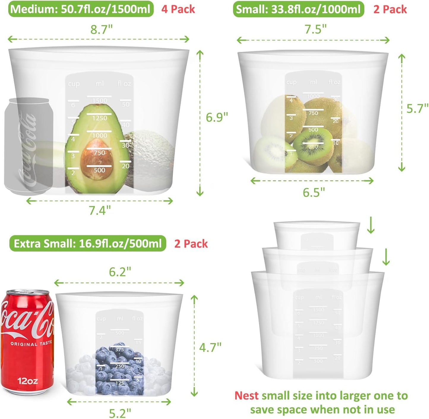 Reusable Storage Bag, 8 Pack 100% Silicone Food Storage Bags Stand Up Silicone Zip Lock Bags for Food Container, Freezer Microwave Oven Dishwasher Safe, 4 Medium 2 Small 2 Extra Small, Translucent