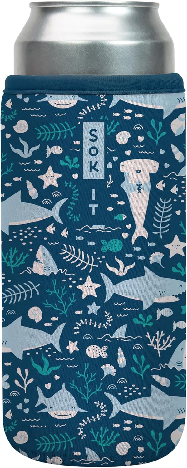 Sok It CanSok Sleeve for Beer & Soda Insulated Neoprene Cover (Happy Sharks, 25oz Can Sleeve)
