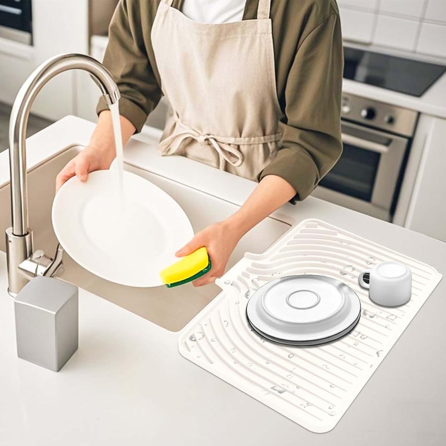 Silicone Dish Drying Mat for Kitchen Counter with Built-in Drain, Easy Clean Pad for Countertop Protection, Fast Self-Draining Slope, Non-Slip, Multiple Use 17.7 x 11.8 Inch ( Cassava White)