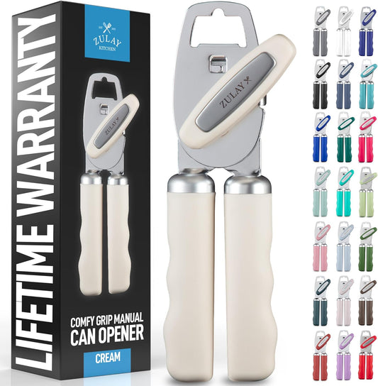 Zulay Kitchen Heavy Duty Stainless Steel Can Opener Manual with Bottle Opener - Rust Proof Manual Can Opener With Turn Knob & Comfy Soft Grip Handles - Cream