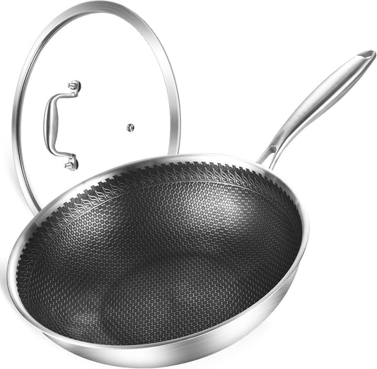 DELARLO Tri-Ply Stainless Steel Wok Pan With Lid 13 Inch, Oven Safe Up to 600℉,Woks & Stir-Fry Pans Nonstick Wok, Deep Frying Pan Efficent Fast Even Heating