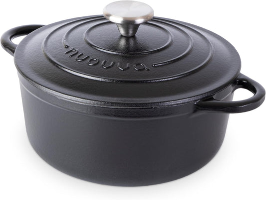 Cast Iron Dutch Oven with Lid – Non-Stick Ovenproof Enamelled Casserole Pot – Sturdy Dutch Oven Cookware – Black, 3.1-Quart, 22cm – by Nuovva