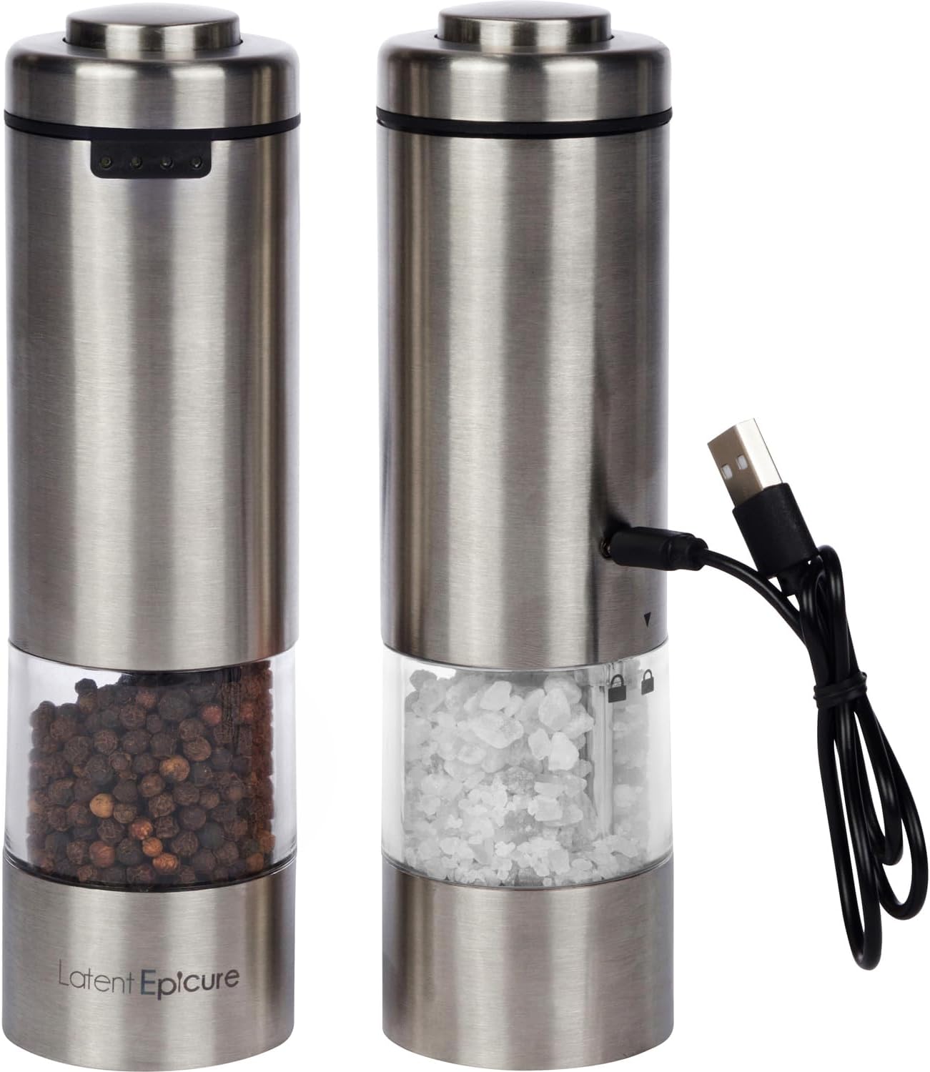 Electric Salt and Pepper Grinder Set (pack of 2) - Rechargeable USB-C - Stainless Steel Mills with LED Light Adjustable Ceramic Grinders & Complimentary Acrylic Mill Rest