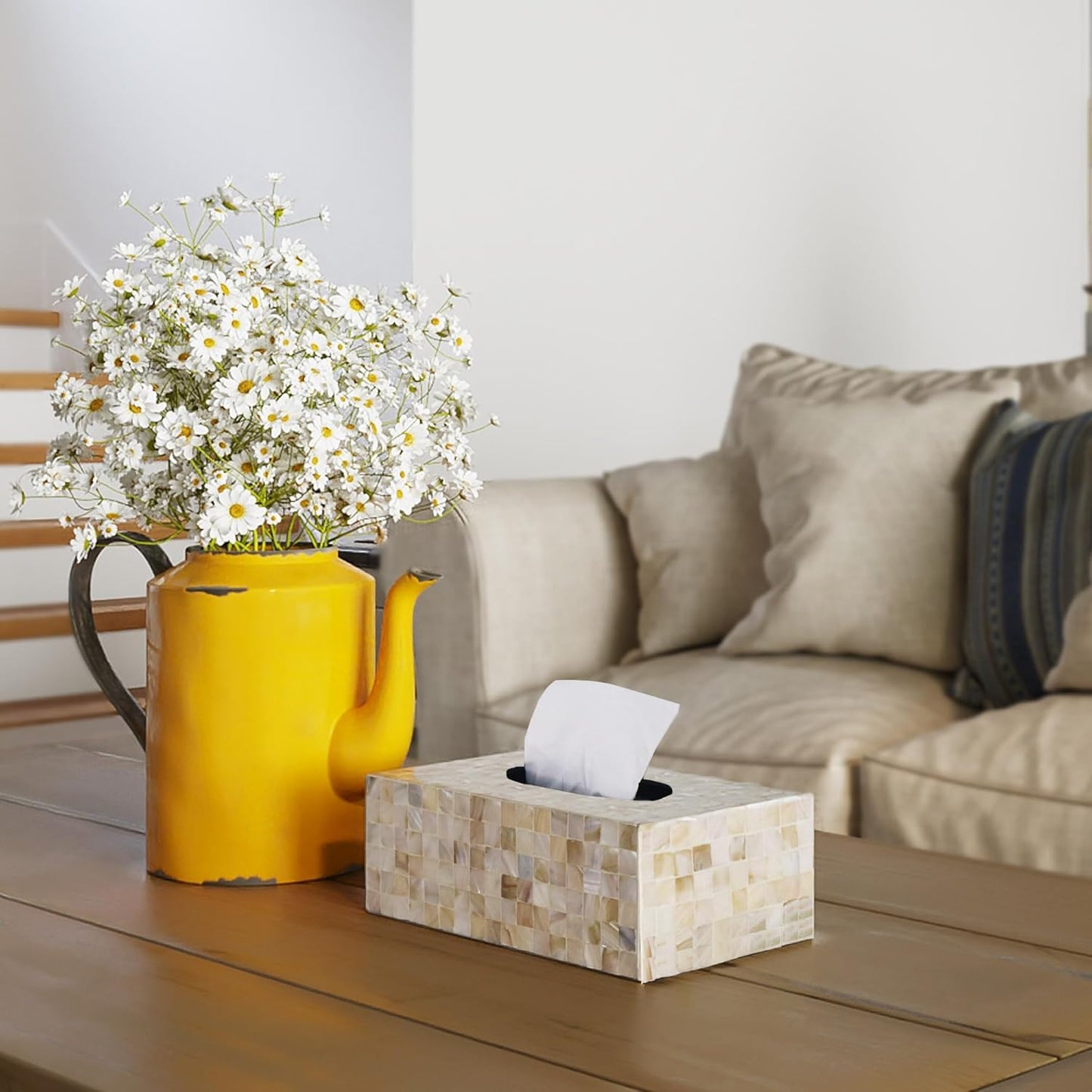 PEMAR Rectangular Mother of Pearl Lacquer Nacre Inlay Wood Tissue Box, Handmade Rectangle Tissue Box Cover Holder Decorative Napkin Dispenser Organizer Rustic Farmhouse Vintage Decor (White Sand)