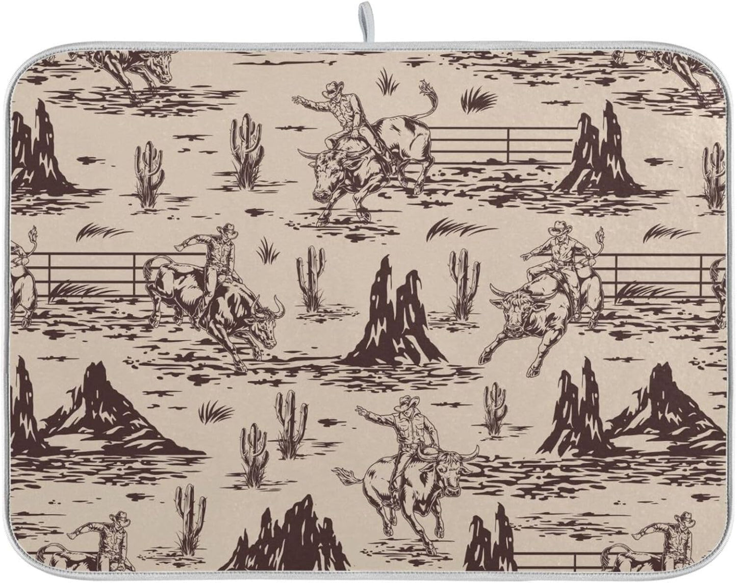 West Cactus Cowboy Dish Drying Mat for Kitchen Counter Absorbent Microfiber Drying Pad, Medium 16x18 in, Reversible Drainer Mats