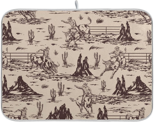 West Cactus Cowboy Dish Drying Mat for Kitchen Counter Absorbent Microfiber Drying Pad, Medium 16x18 in, Reversible Drainer Mats