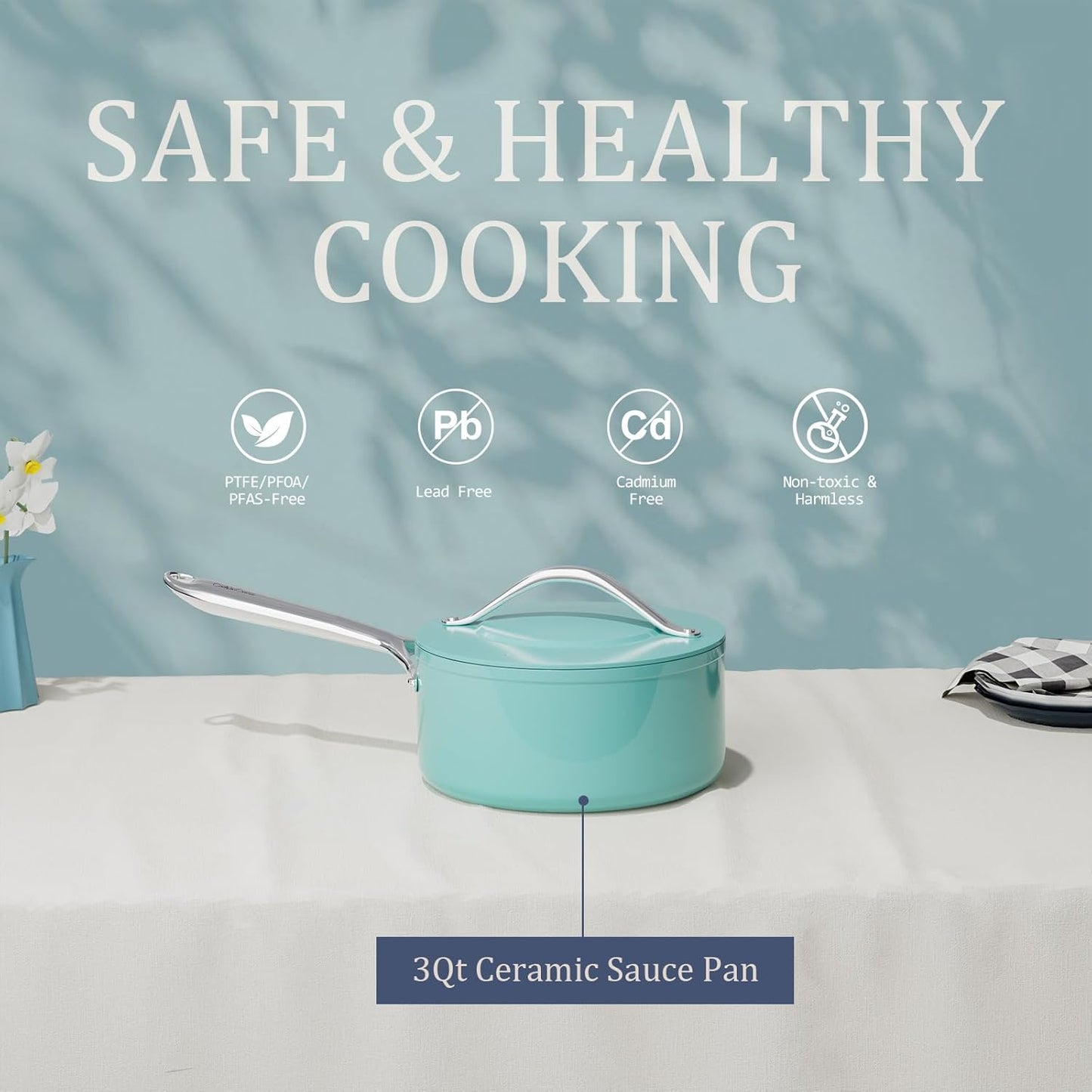 3.5qt Nonstick Ceramic Sauce Pan with Lid (8.19") Even Heat Distribution Non Toxic PFAS Free Healthy Cooking Pot for All Stovetops (Induction/Gas/Electric) Oven Safe 500°F, Caribbean Blue