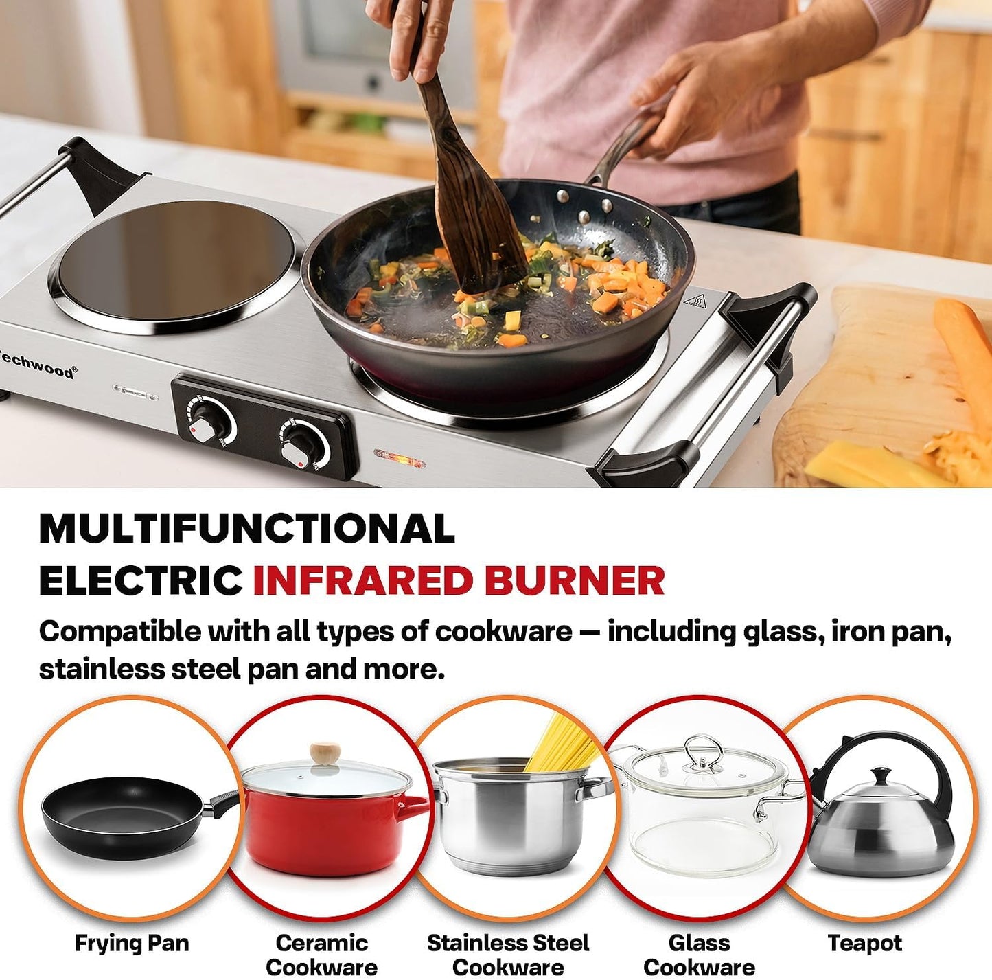 Techwood Electric Stove, Double Infrared Ceramic Hot Plate for Cooking, Two Control Cooktop Burner, Portable Anti-scald handles Suitable for Office/Home/Camp Use, 1800W Compatible for All Cookwares