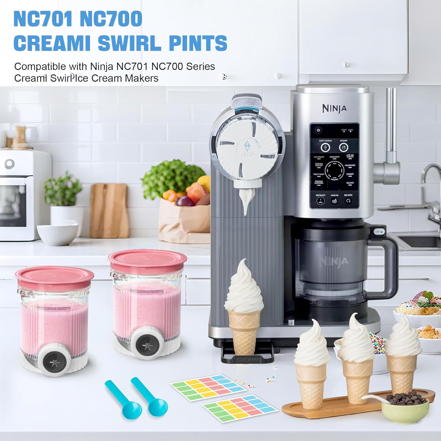 2 Pack Creami Swirl Pints & Lids for Ninja, Compatible with NC700 Series Ninja Swirl Ice Cream & Soft Serve Makers, with 2 Spoons & 32 Writable Labels, BPA-Free & Dishwasher Safe, Blue