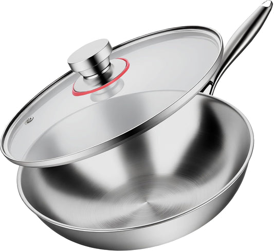 LOLYKITCH Tri-Ply 13 Inch Stainless Steel Wok Pan with Lid, Stir-Frying Pan,Induction Wok,Dishwasher and Oven Safe,Heavy Duty and Detachable handle.