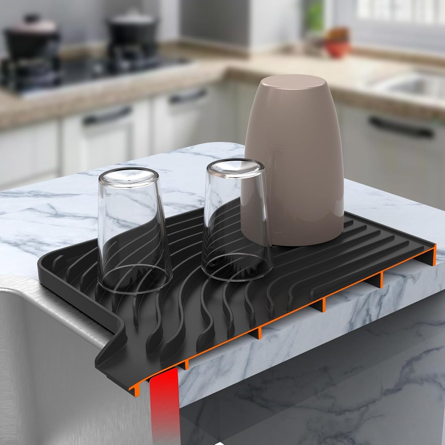 Kitchen Drying Mat,Raised Edge 18"×12"Silicone Dish Drying Mat with Drain Spout for Kitchen Counter, Kitchen Mat for Dishes Drying, (black)