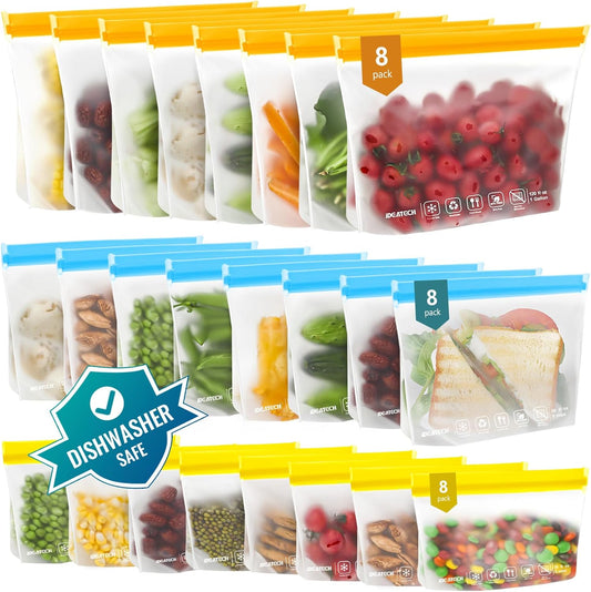 24Pack Reusable Food Freezer Bags Dishwasher Safe, Leakproof Storage Contaizers, Reusable Bags Various Size for Food Storage, BPA Free Resealable Baggies(8Gallon 8Quart 8Snack,Colored)