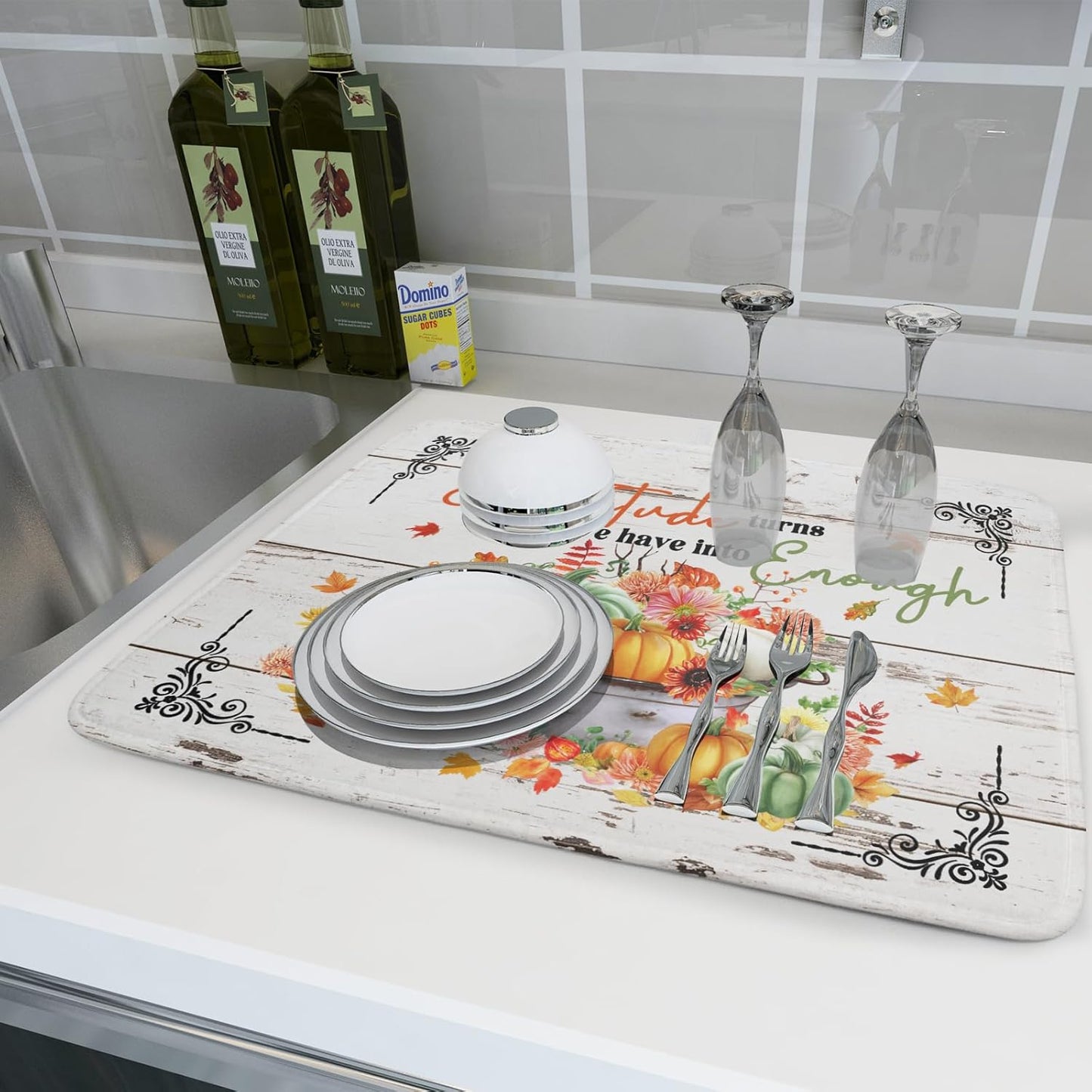 White Autumn Dish Drying Mat Absorbent Fall Drying Matt Kitchen Counter 18 X 24 in Home Season Decor