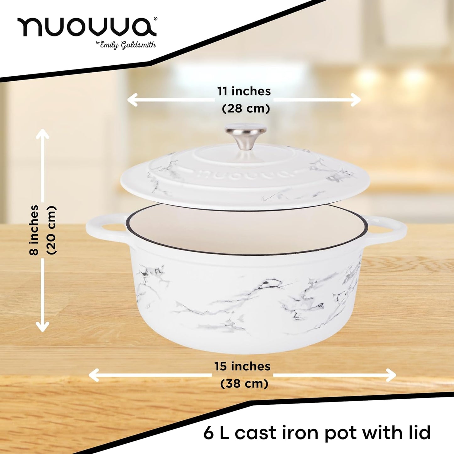 Cast Iron Dutch Oven with Lid – Non-Stick Ovenproof Enamelled Casserole Pot – Sturdy Dutch Oven Cookware – Marble, 6.4-Quart, 28cm – by Nuovva