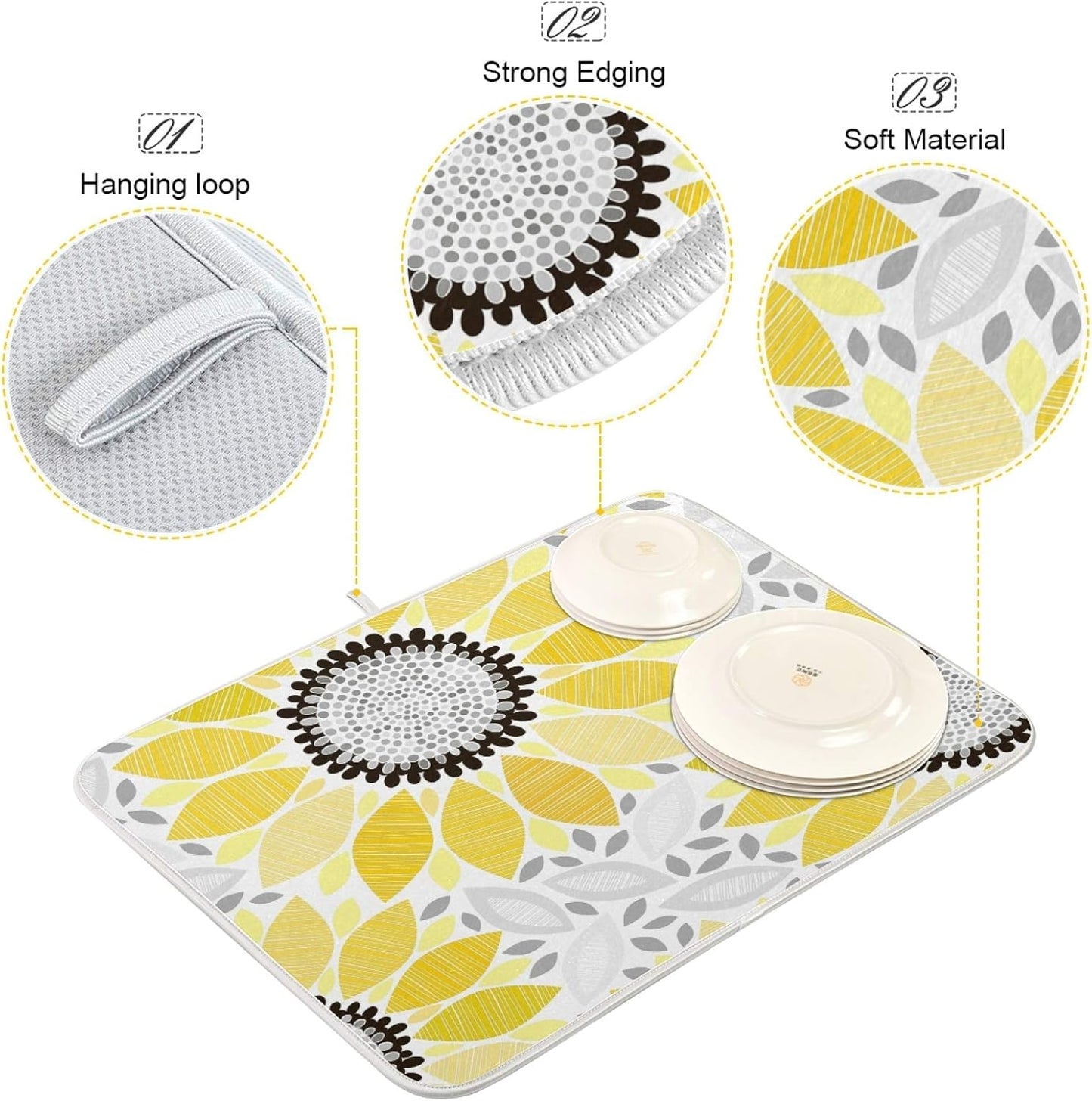 Super Absorbent Dish Drying Mat, Microfiber Fast-Drying Dish Mat, 16" x 18", Kitchen Dish Drying Pad, Sunflowers