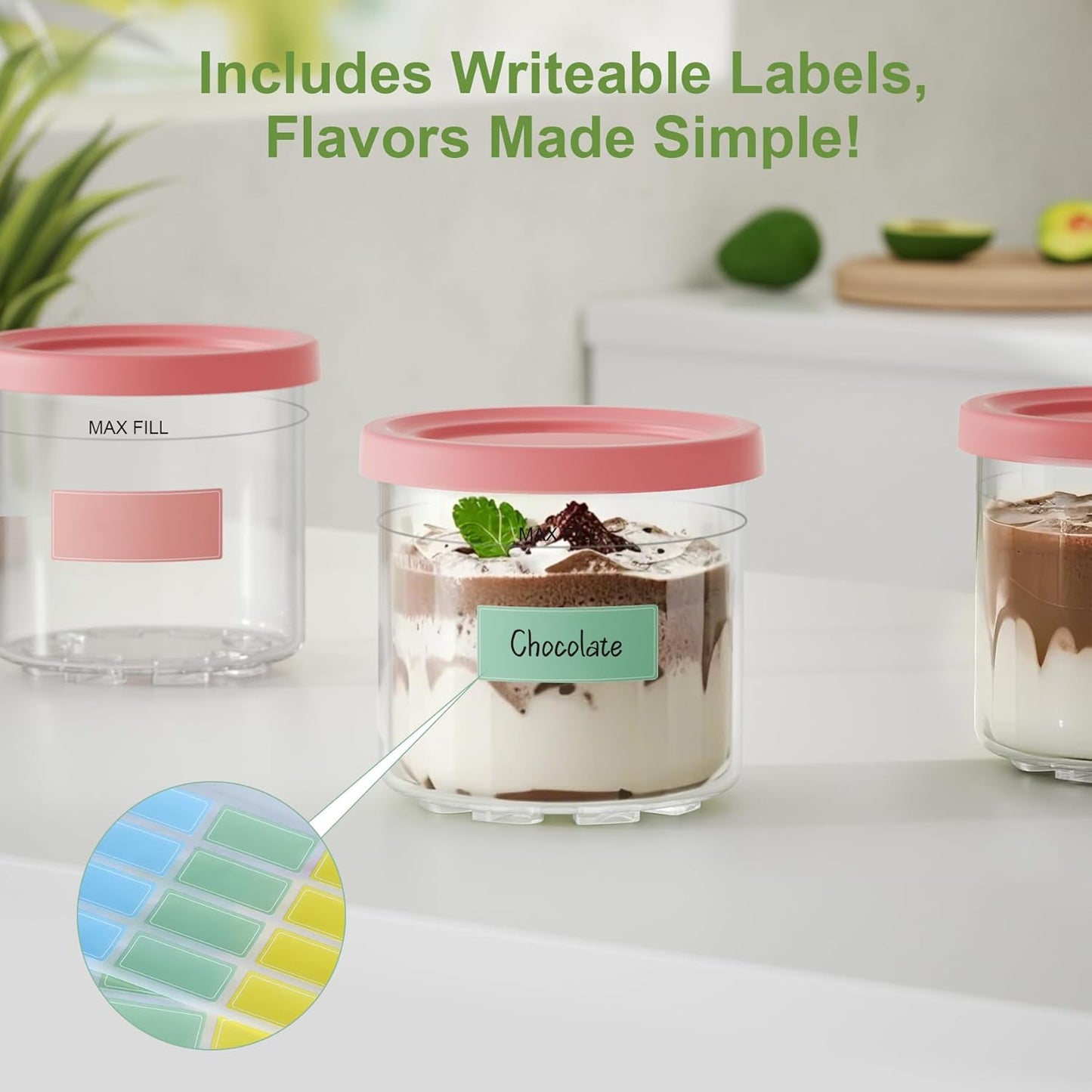 4 Pack Creami Pint Containers and Lids for Ninja with 4 spoons and writable labels, Compatible with Ninja NC299 NC300 NC301 Series Creami Maker Machine Accessories, BPA Free & Dishwasher Safe, Pink