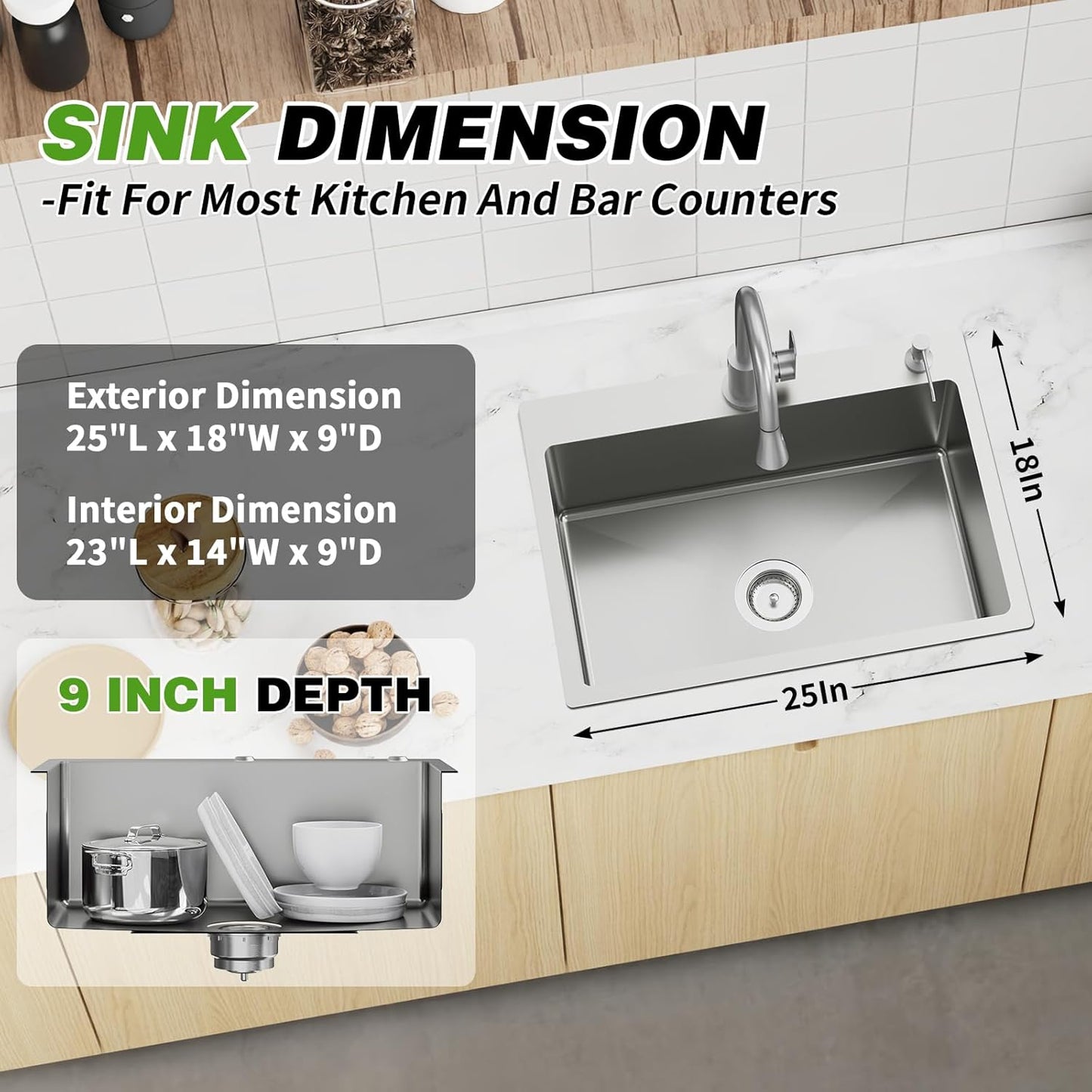 25x18 Inch Kitchen And Bar Sink - Stainless Steel Drop In Single Bowl Topmount Modern Kitchen And Bar Sink With Spoon Rest,Drain Strainer Set Compatibility With Various Kitchen&Bar Style