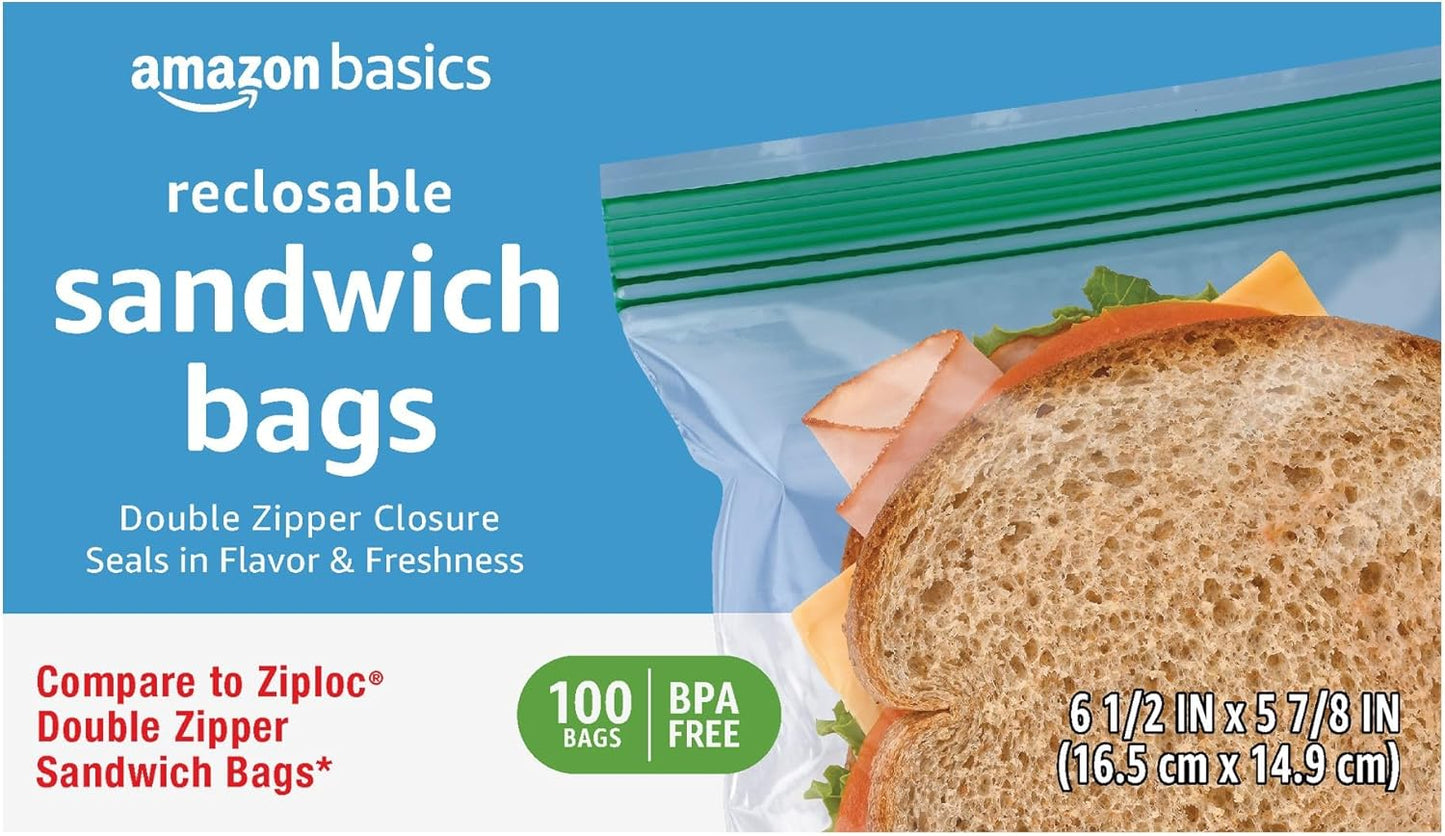 Amazon Basics Reclosable Sandwich Double Zipper Storage Bags, 100 Count, Pack of 1