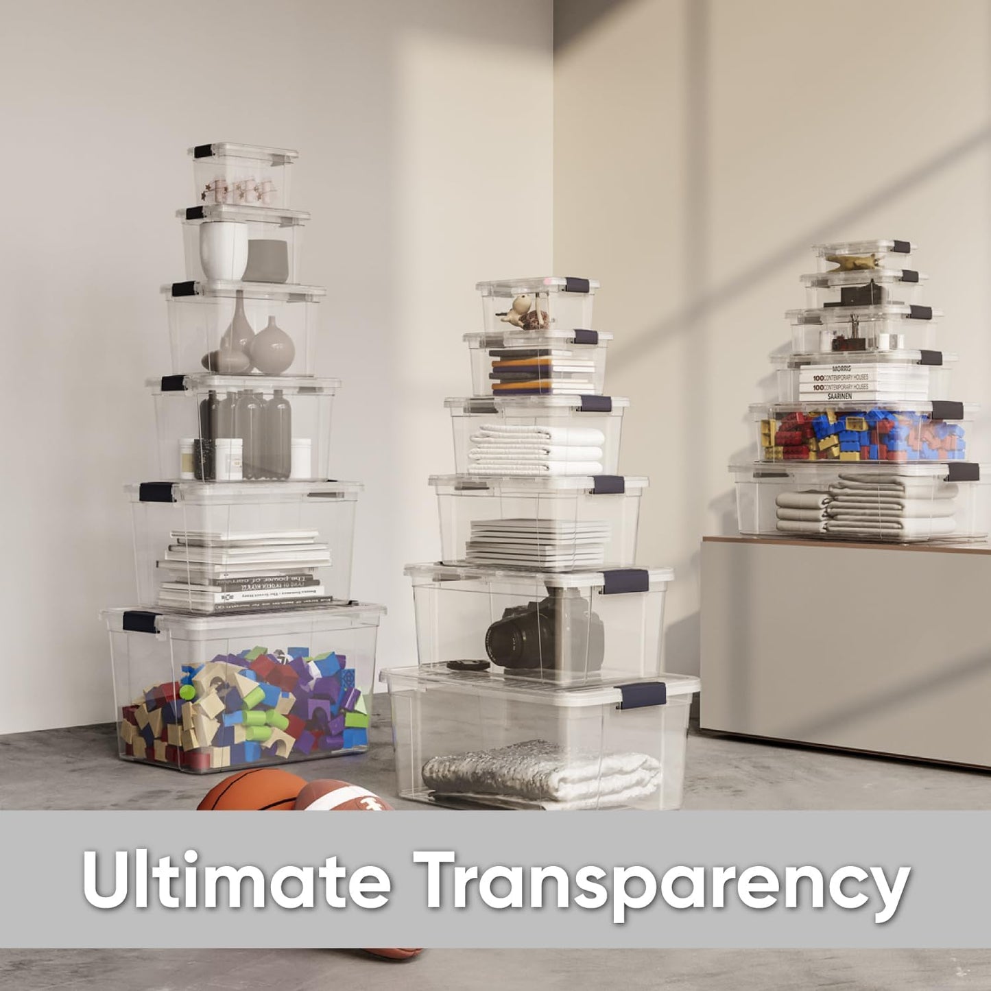 Superio Clear Storage Boxes with Lids, 26.5 Quart Plastic Container Bins for Organizing, Stackable Crates, BPA Free, Non Toxic, Odor Free, Organizers for Home, Office and Dorm, 4 Pack