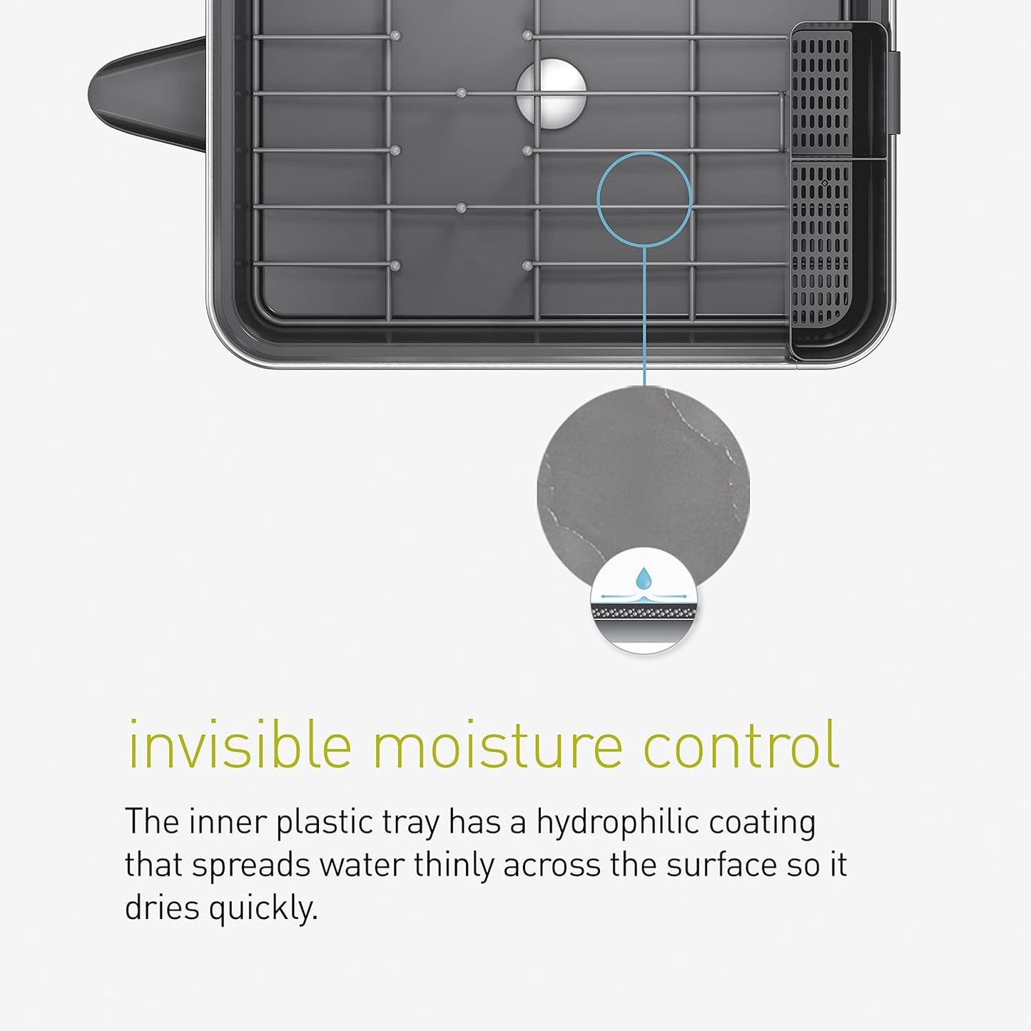 simplehuman Compact Dish Drying Rack with Stainless Steel Frame, 360º Easy Drain Swivel Spout, Utensil Holder, Anti-Residue Coating, Moisture Control Surface, Grey