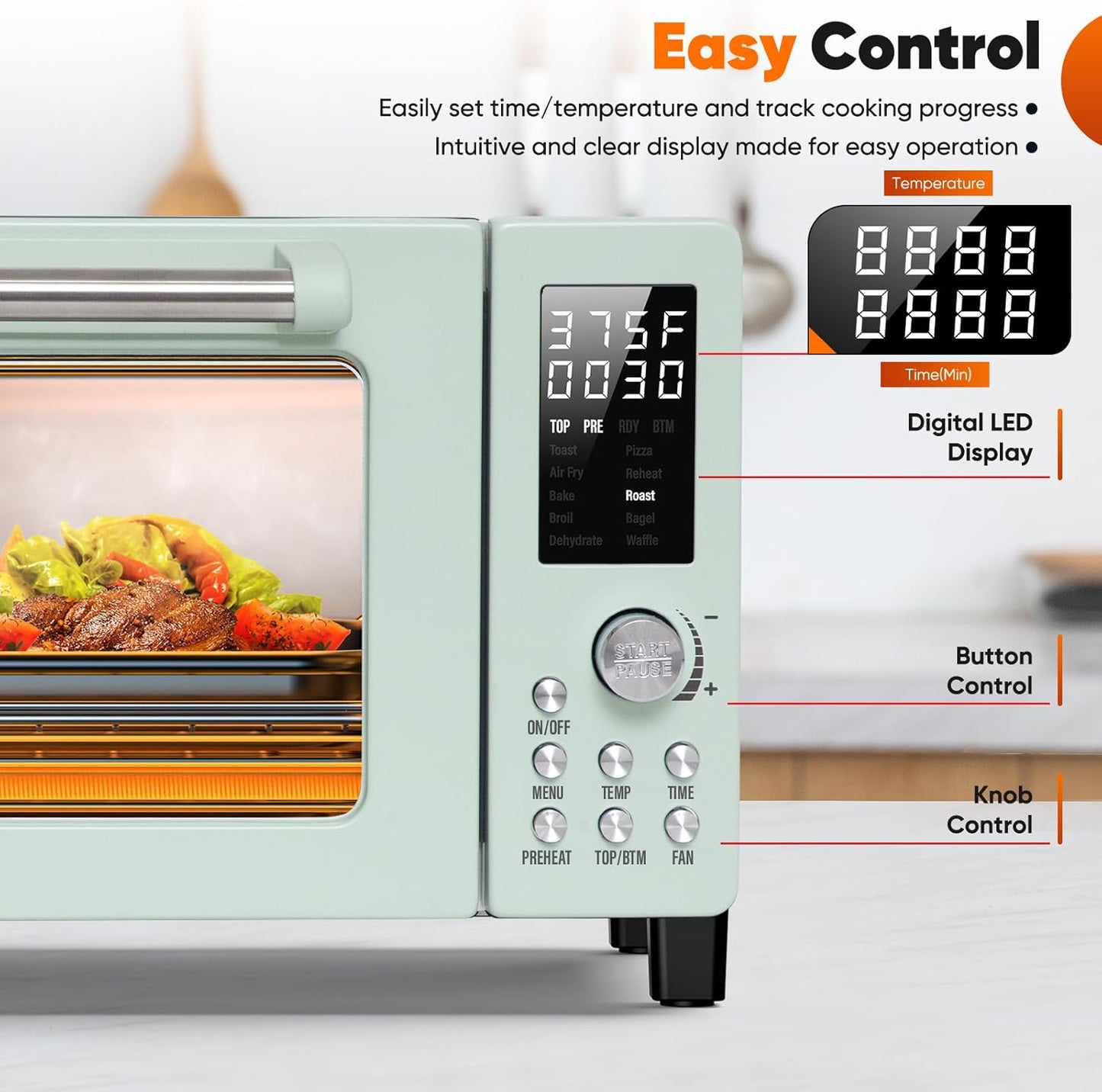 Nuwave Bravo Pro Smart 21QT Toaster Oven Air Fryer Combo, Convection Oven Countertop, 10 functions all in 1, with even & quick crisp technology, 50-450°F, 1800W, Mint Green