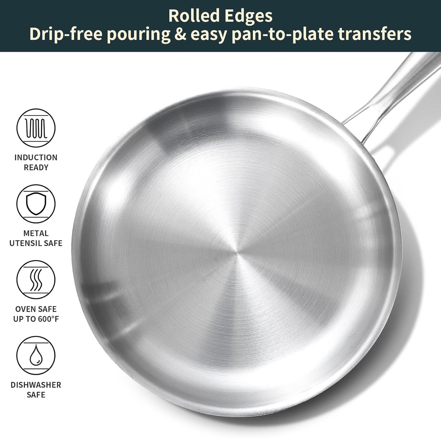 DELARLO Stainless Steel Frying Pan 11.6 inch, All Stove Safe Up to 600℉, Fast Even Heat, Tri-Ply Stainless Steel Cookware, Full Clad and Heavy Duty,18/10 Cooking Surface