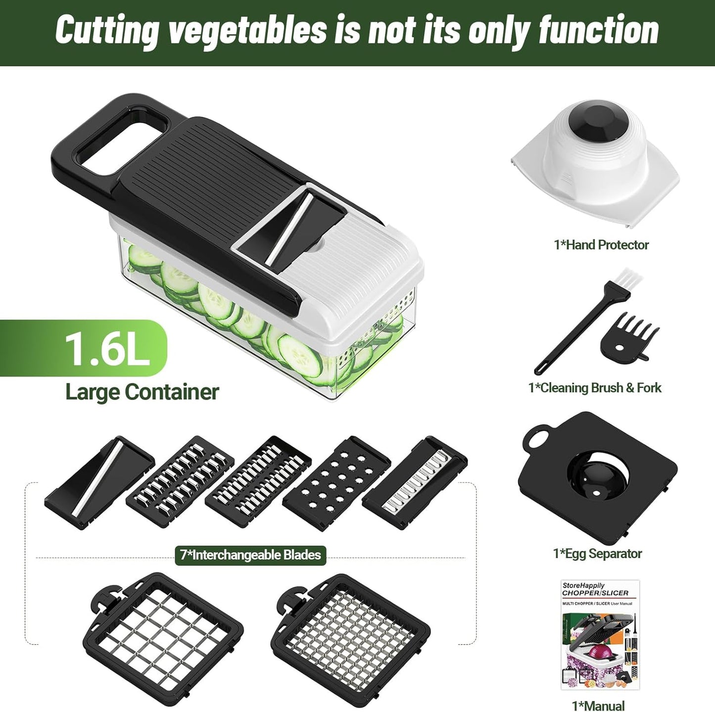 12-in-1 Vegetable Chopper, 7 Blades Veggie Chopper with Container and Lid, Dicer, Slicer, Multifunctional Kitchen Gadgets, Vegetable Cutter with Handle, Onion Cutter(Black/White)