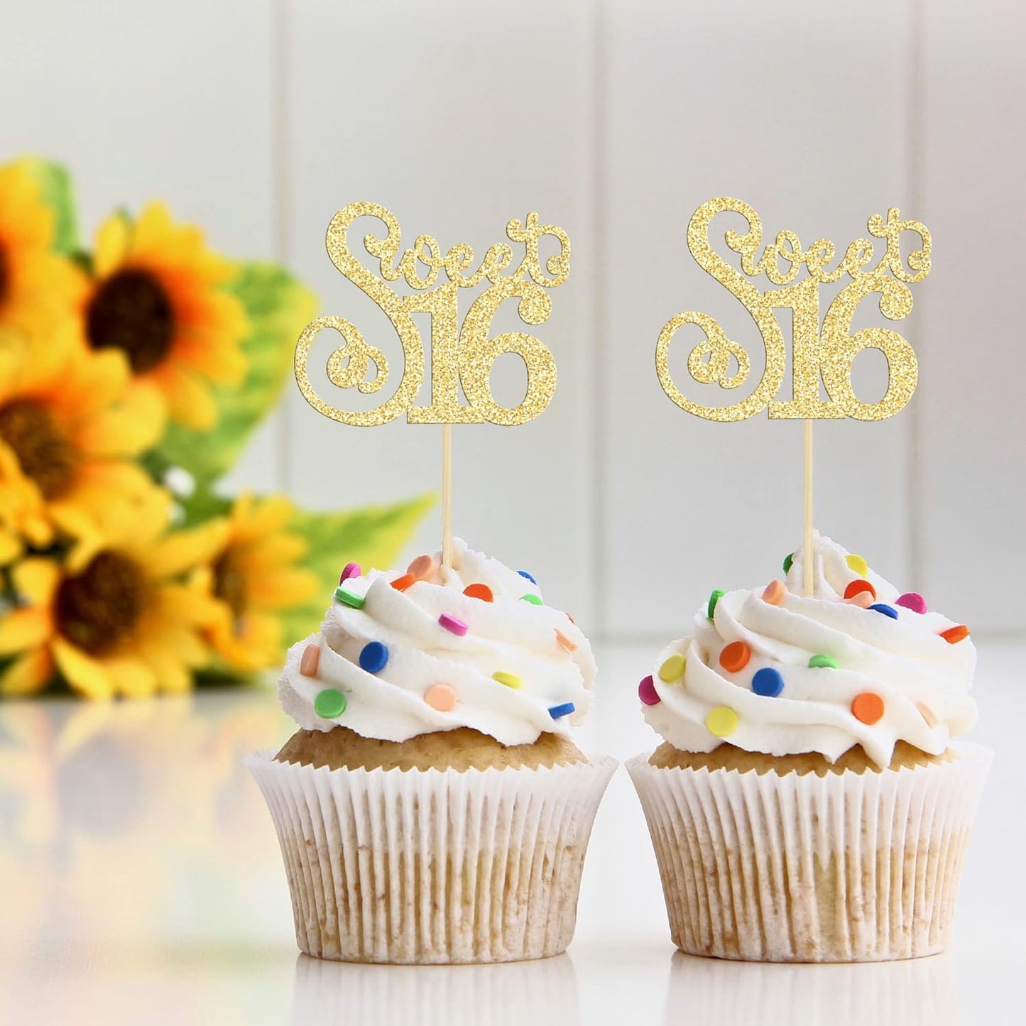 Gyufise 24 Pack Happy Sweet 16 Cupcake Toppers Glitter Sixteen 16th Birthday Cupcake Picks Cheers to 16 Years Old Cupcake Decorations for 16th Birthday Anniversary Party Cake Decorations Supplies Gold