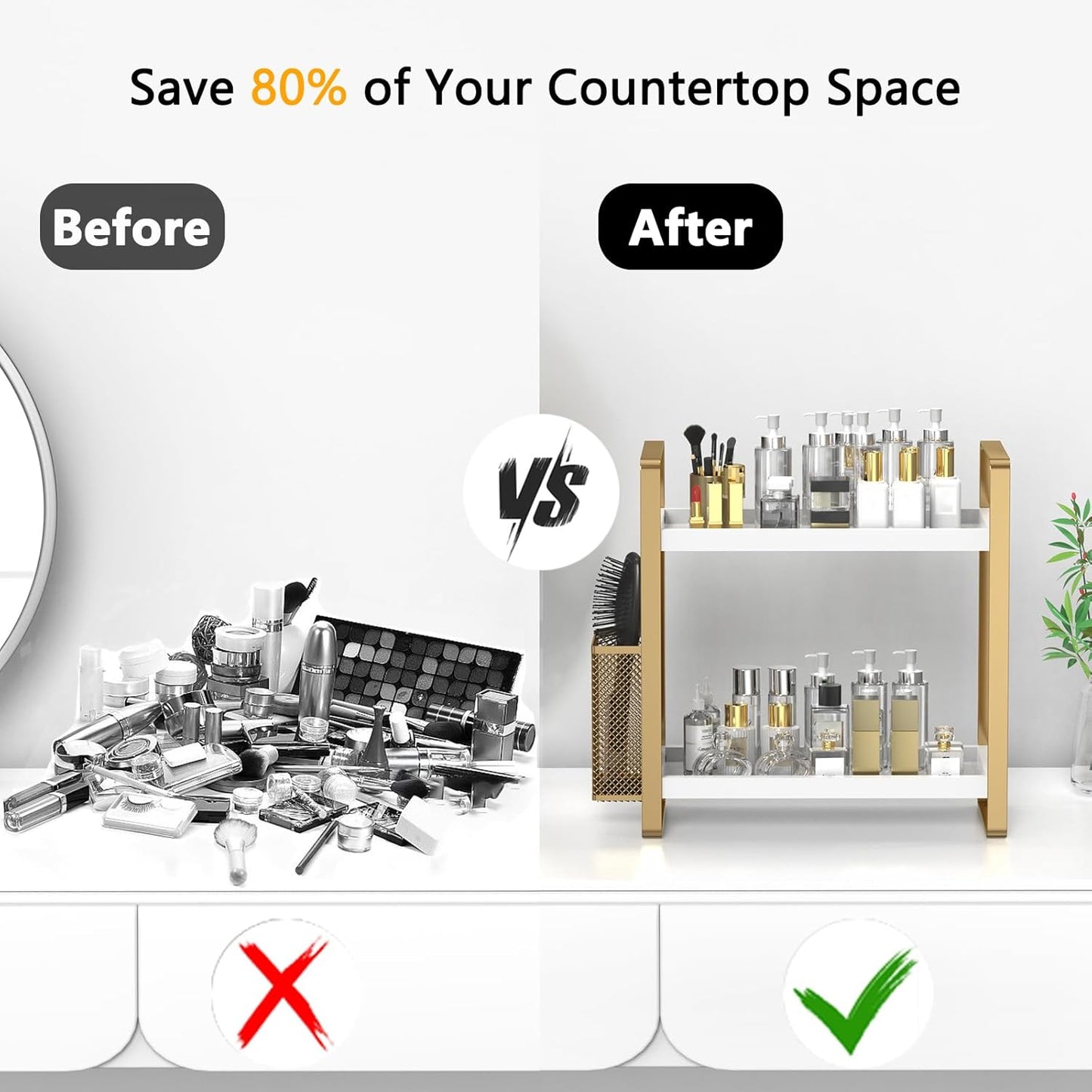 Bathroom Counter Organizer, Wood Vanity Trays with Basket, Skincare Countertop Organizers, Large Capacity Makeup and Perfume Organizer