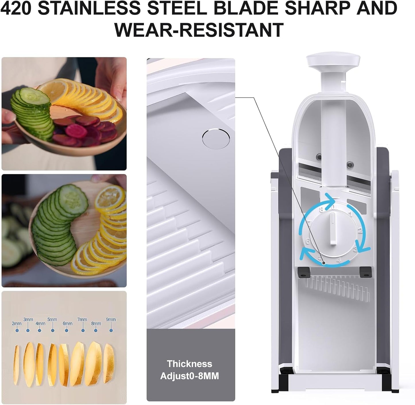 Safe Mandoline Slicer for Kitchen, Meal Prep, Potato Slicer, Adjustable/Easy to Clean/Storage, Kitchen Chopping Artifact, French Fry Cutter, Paring Knife/Cleaning Brush (only Slice, LightGray)