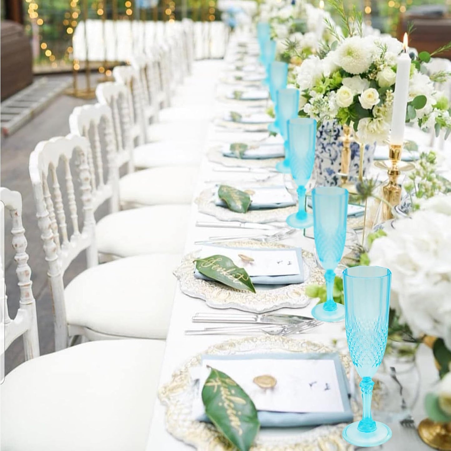 Plastic Champagne Flutes, 12PCS Light Cyan Wine Glasses Goblets Reusable Champagne Flute for Weddings, Bachelor Parties, Toasting, and Events(12,Light Cyan)