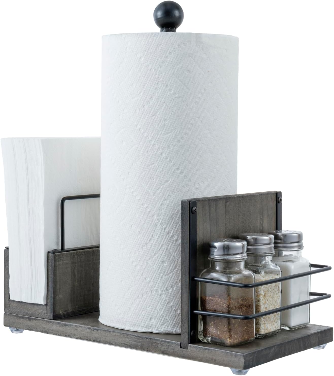 MyGift All-in-One Paper Towel Holder Kitchen Caddy, Vintage Gray Solid Wood and Industrial Matte Black Metal Dining Combo Rack with Paper Towel Dispenser, Napkin Holder, and Spice Rack
