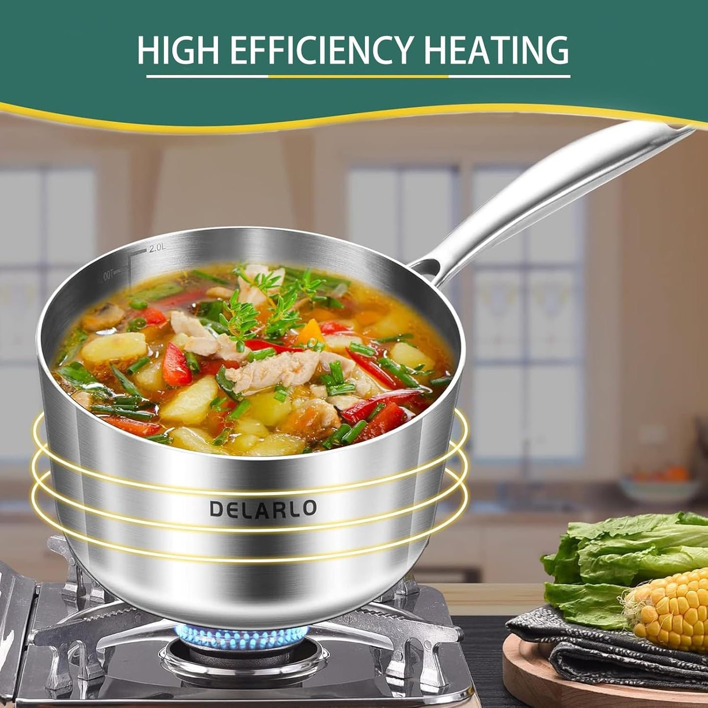 DELARLO Whole Body Tri-Ply Stainless Steel 3 Quart Saucepan with Lid, Oven Safe 600℉, Heavy Duty Saucier Pan 3 Quart, Fast and Even Heat, Kitchen and Dining Sauce Pot, Induction Pot(Lids 300℉)