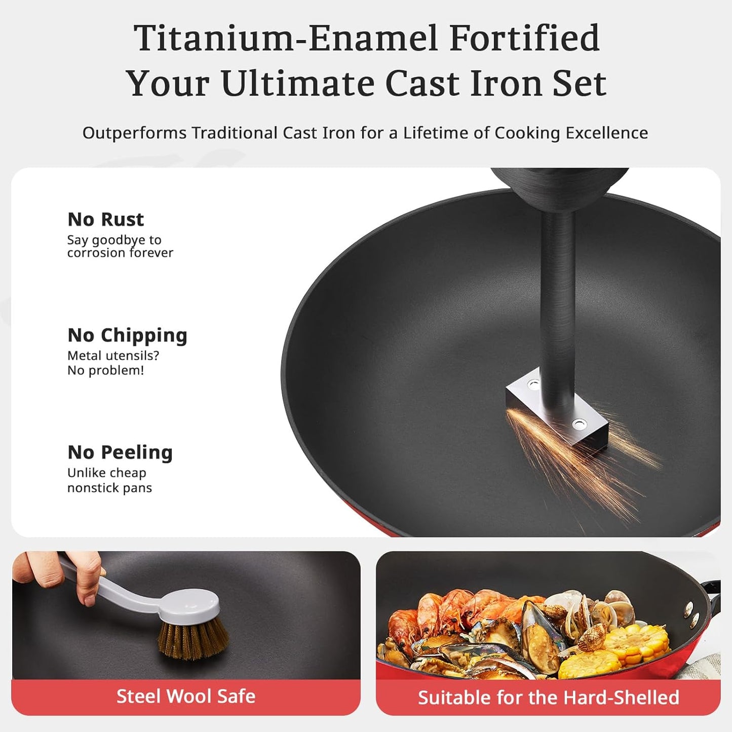 KITESSENSU Titanium Non Stick Frying Pan 8' - Deep Enameled Cast Iron Skillet - Cast Iron Pan for Compatible With All Stovetops - Gradual Burgundy Red