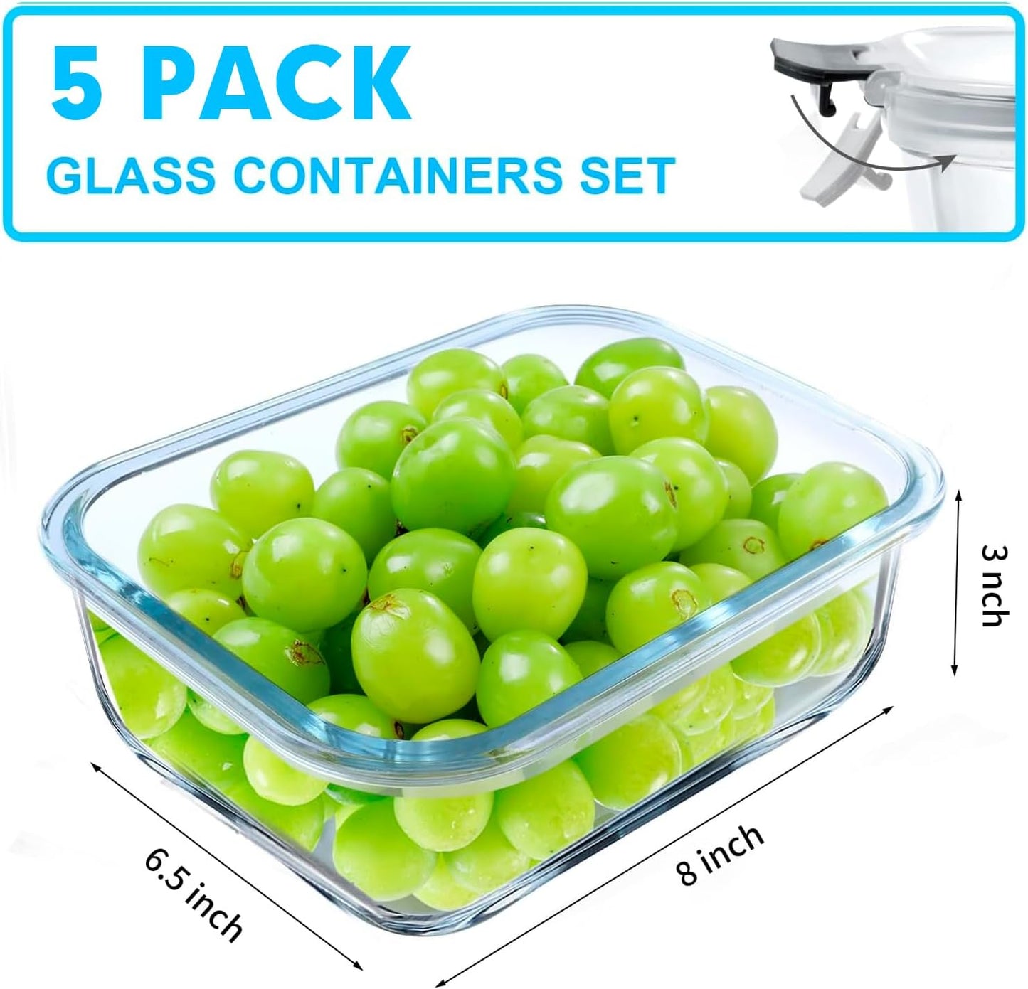 VERONES 5 Pack 36 OZ Glass Meal Prep Containers, Airtight Glass Lunch Containers Set, Glass Food Storage Containers with Lids,Exclusive of BPA, for Microwave, Oven, Freezer & Dishwasher Friendly,Grey