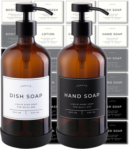 16oz Glass Soap Dispenser with Stainless Steel Pump, 21 Waterproof Labels, Non-Slip Protective Silicone Pad, Set of 2 for Bathroom & Kitchen (Amber Bottle/Black Pump)
