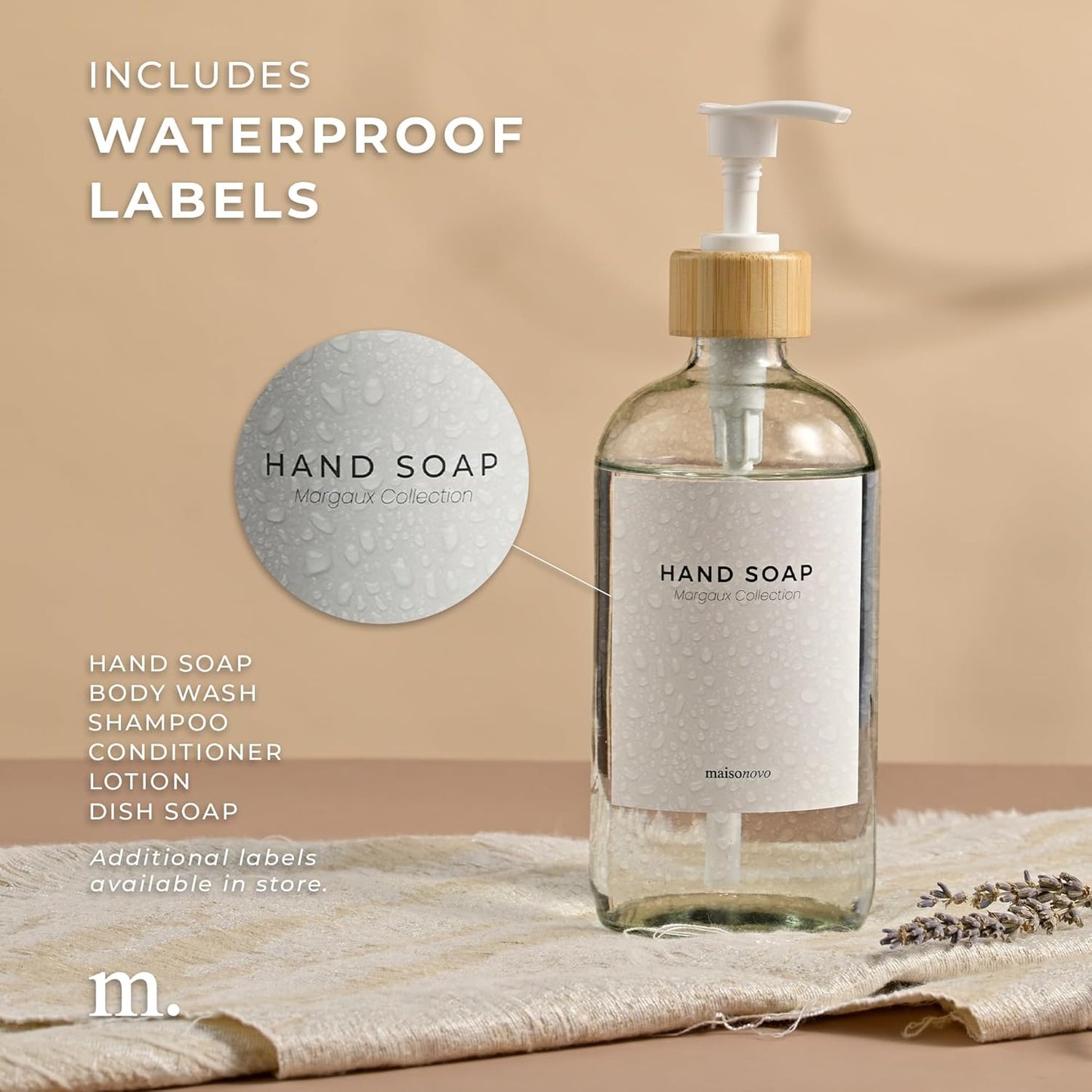 MaisoNovo Glass Hand Soap Dispenser | Dish Soap Dispenser for Kitchen | 16.9oz Clear Bottles with White Bamboo Pump | Bathroom Lotion Dispenser