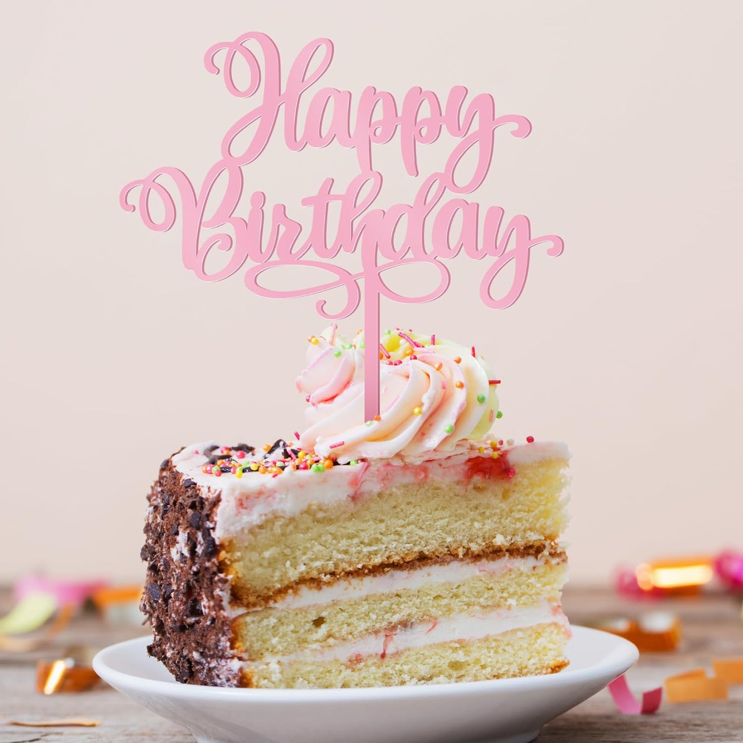 1 PCS Happy Birthday Cake Topper, 5.1 x 6.5 Inches Acrylic Cake Topper, Elegant Pink Happy Birthday Cake Sign, Birthday Cake Decorations for Adult, Kids, DIY Dessert Supplies